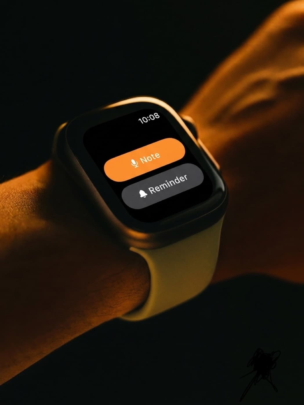 Smartwatch on a wrist showing Notaty's Note and Reminder buttons